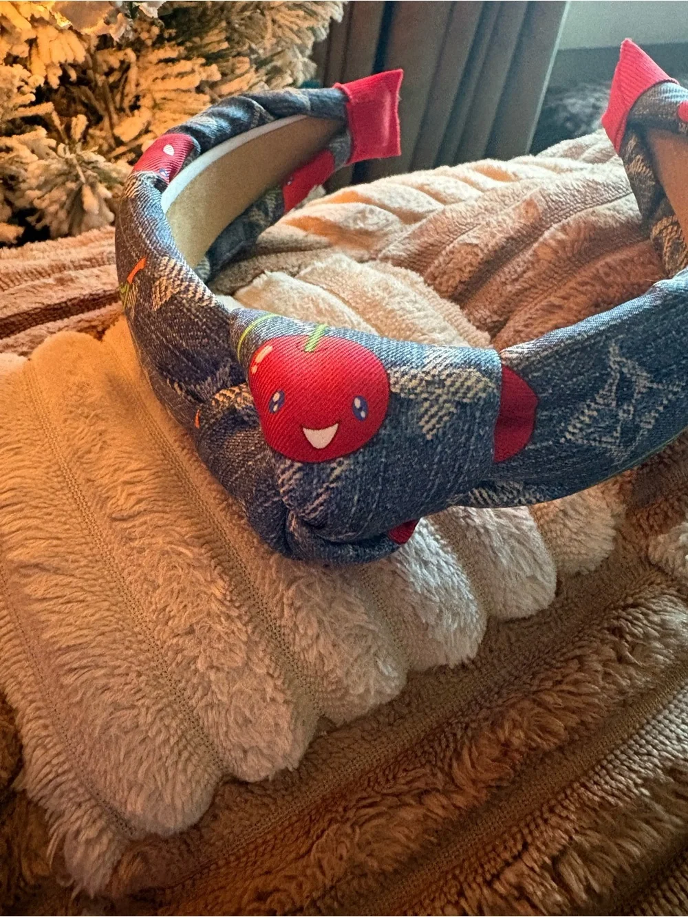 Fashion Blue Cherry Print Kids Headband & Scrunchie Set